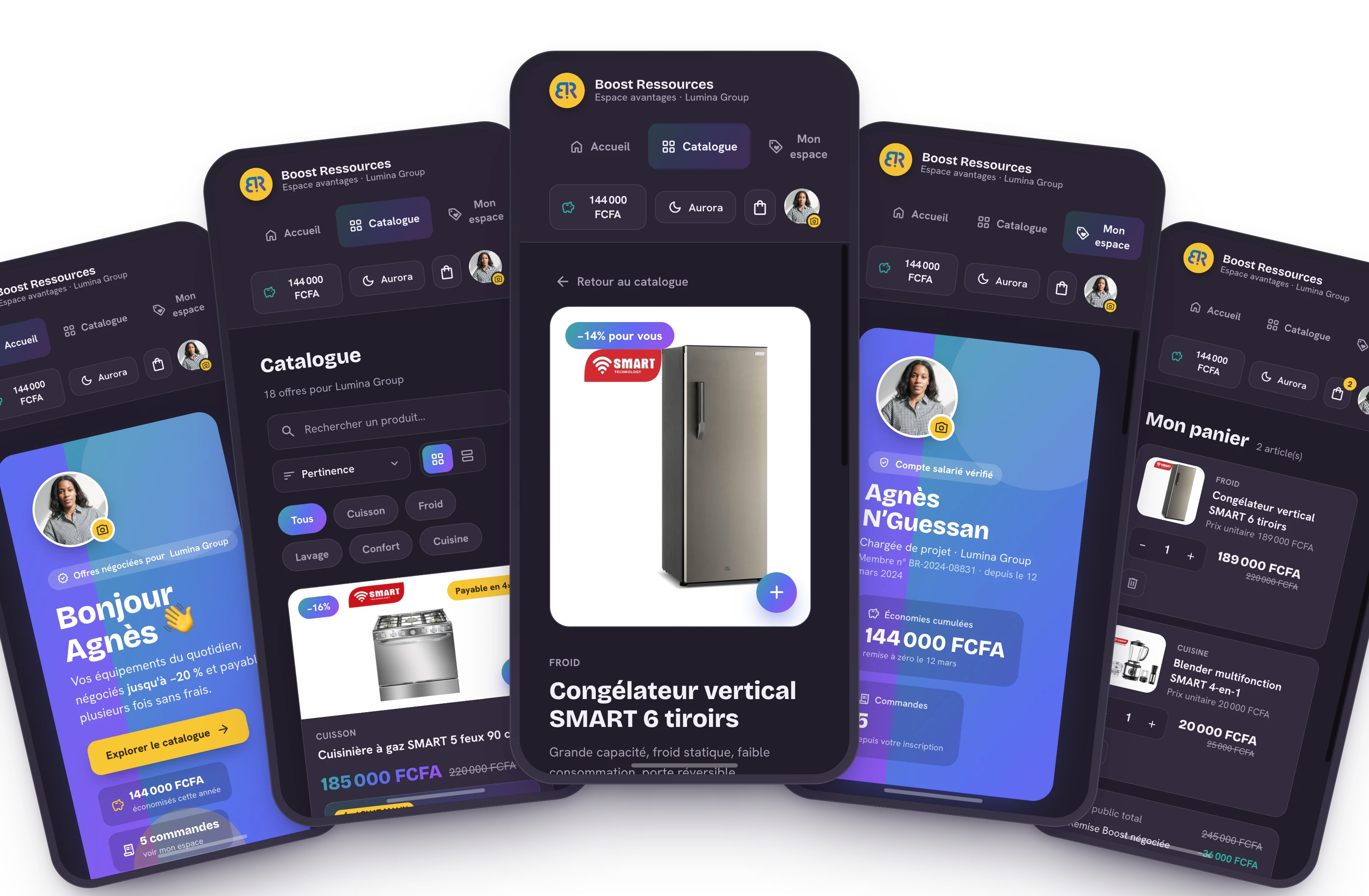 L'application Boost Ressources sur cinq écrans : accueil, catalogue, fiche produit, espace salarié et panier